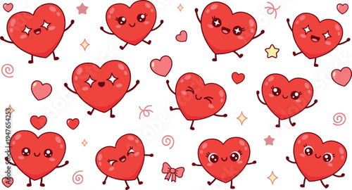 Cute kawaii red heart characters set with funny faces, arms and legs, romantic love cartoon collection for Valentine’s Day vector illustration