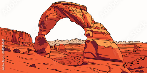 A large red rock arch in the desert landscape Vector