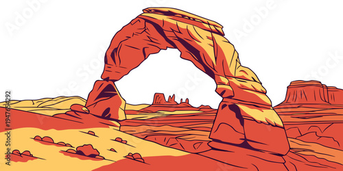 A large red rock arch in the desert landscape Vector