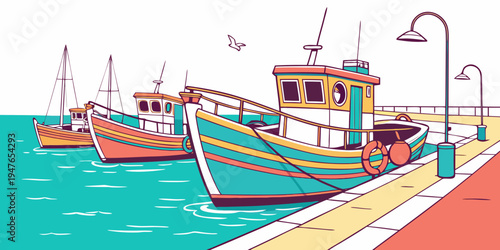 A colorful fishing boat sitting on a dock Vector