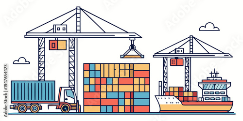 Cargo ship and cranes loading containers at port Vector