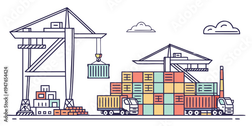 A cargo port with cranes and shipping containers Vector