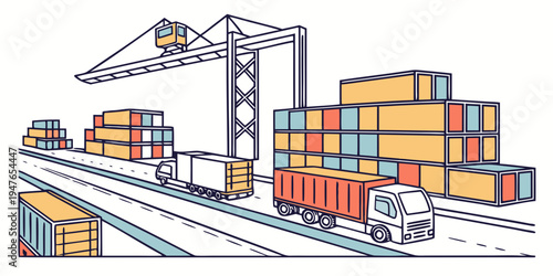 A cargo port with containers and a crane Vector