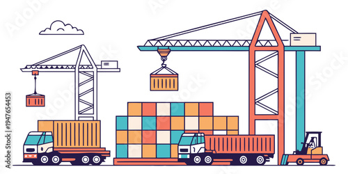 A cargo port with cranes and trucks are loading containers Vector