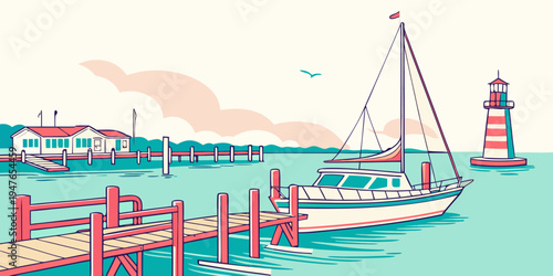 A sailboat floats near a dock and a lighthouse Vector
