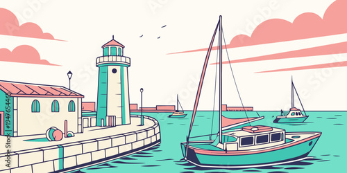 A small sailboat floats near a lighthouse and building Vector