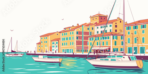 A colorful waterfront town with boats docked in the harbor Vector