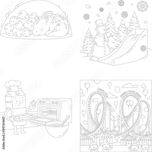 Cute baby animal sleeping in a warm egg nest, coloring page illustration for kids, line art, black and white, vector art