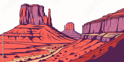 A pixel art illustration of a desert landscape with rock formations Vector