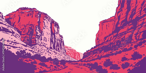 A red and purple mountain range with a white sky Vector