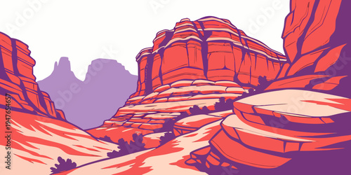 A red rock canyon with a purple shadow Vector