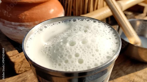 Authentic foamy lassi drink in a steel glass, a refreshing traditional indian beverage prepared for the vaisakhi festival celebration.