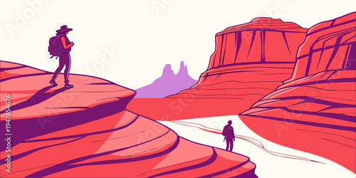 A person standing on a red rock formation Vector
