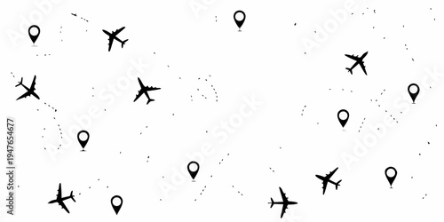 Minimalist illustration of airplanes and location pins on a white background
