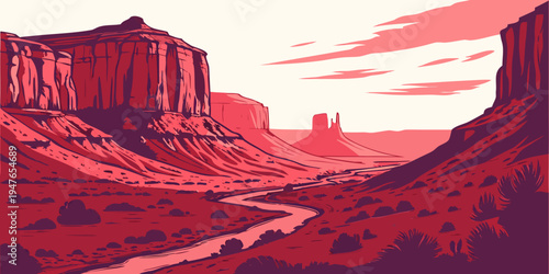 A red rocky canyon landscape with a river Vector