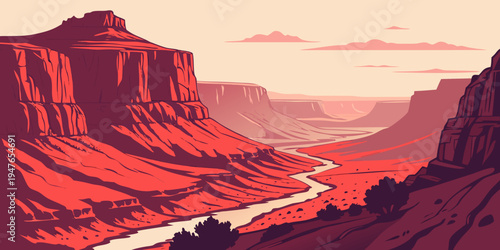A red canyon with a river running through it Vector