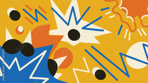 Vibrant background with dynamic shapes and colors creates a lively abstract scene.