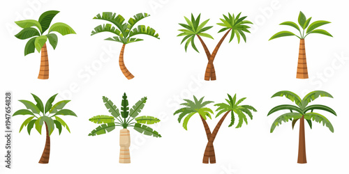 Collection of vibrant cartoon style palm trees in various arrangements