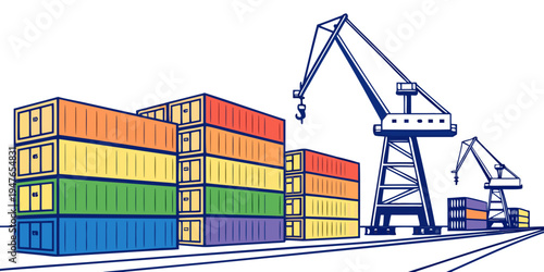 A cargo port with shipping containers and cranes Vector