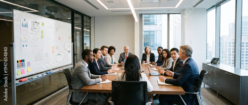 Business team meeting with professionals gathered around a long conference table discussing strategic plans
