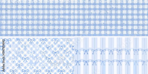 Pastel blue gingham and ribbon patterns on a decorative background