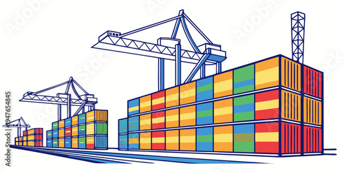 A large cargo port with colorful shipping containers Vector