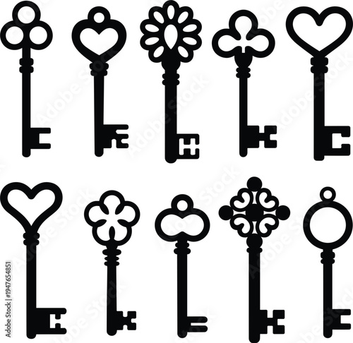 Antique vintage key silhouette vector icon set, ornate heart and floral shapes for decorative design
