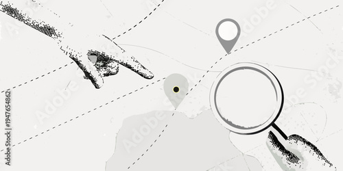 A hand points towards a location marked by a magnifying glass