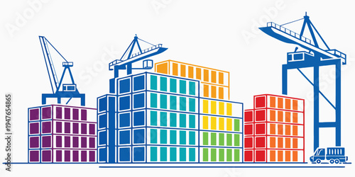 A colorful illustration of a port with cranes and shipping containers Vector