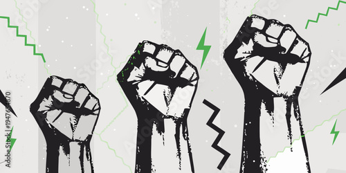 Raised fists symbolizing power resistance and solidarity with electric accents