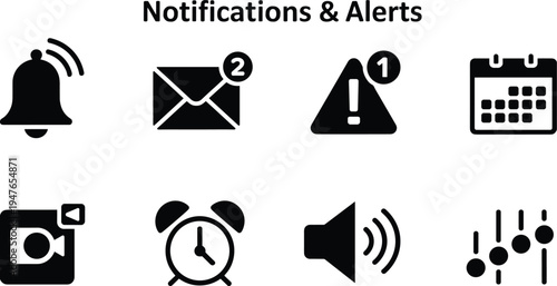 Set of Black Icons for Notifications and Alerts on a White Background notification bell email with number