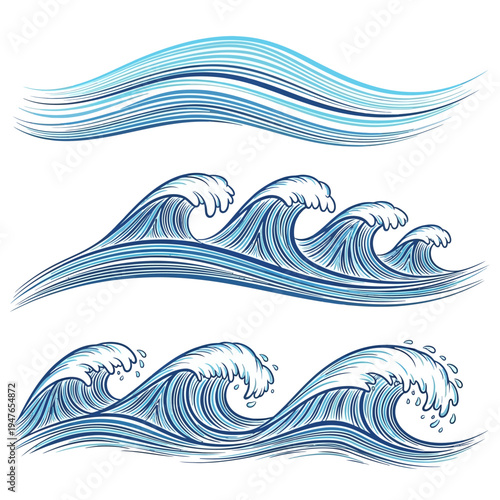 Illustrations of ocean waves in various stages.