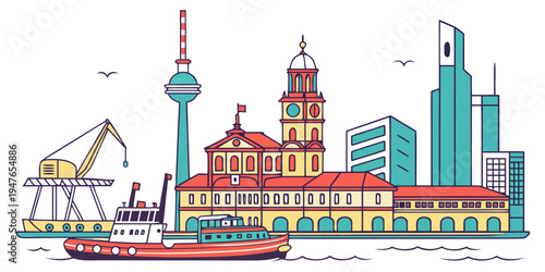 A colorful illustration of a city skyline with a boat in front Vector