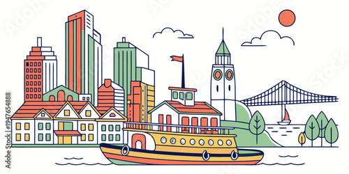 A colorful illustration of a city skyline with a ferry boat Vector