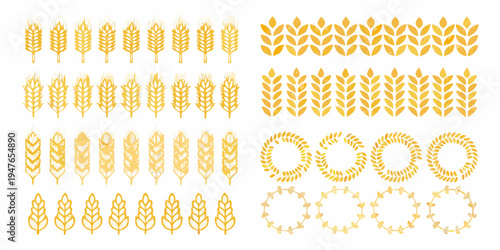 Golden wheat stalks and decorative patterns arranged in a grid layout