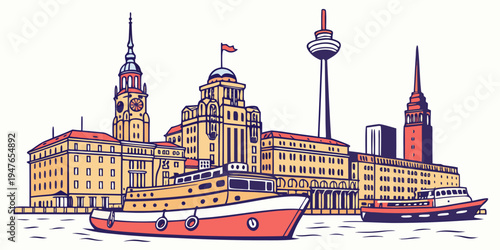 A large building with a clock tower and a boat in front of it Vector