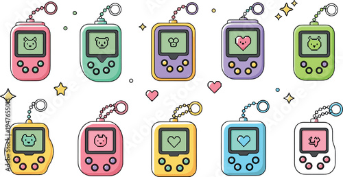 Cute retro virtual pet toy collection vector illustration with colorful handheld digital pets inspired by nostalgic 90s electronic games