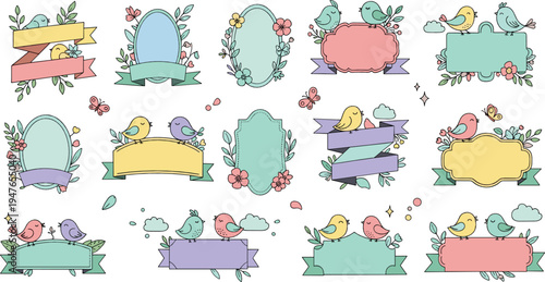 Cute pastel spring frames and ribbon banners with birds, flowers and leaves decorative label collection for greeting cards and invitations vector set