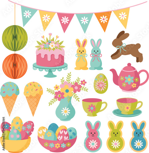 Easter party decoration vector set with bunny cake and floral eggs for spring celebration design