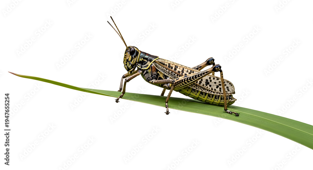 Fototapeta premium Detailed view of a grasshopper perched on a green leaf on white background