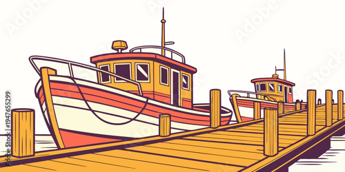 A red and white fishing boat sitting on a dock Vector