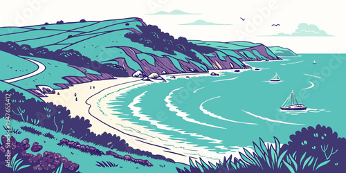 A serene beach scene with a sailboat on the water Vector