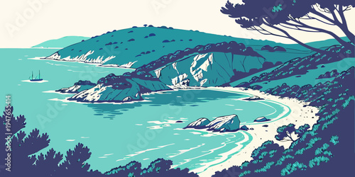 A scenic view of a bay with boats and trees Vector