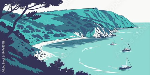 A scenic view of a bay with boats and a mountainous coastline Vector