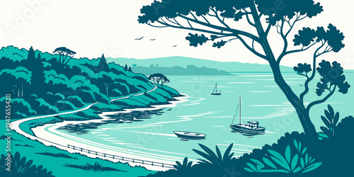 A serene bay with boats and a tree on the shore Vector