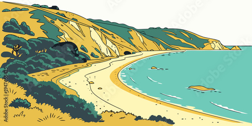 A scenic beach with a sandy shore and blue water Vector