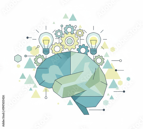 Conceptual design featuring a geometric human brain with gears and light bulbs, illustrating the synergy of logical thought, creative inspiration, and innovative idea generation