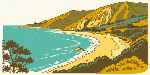 A scenic beach with a mountain range in the background Vector