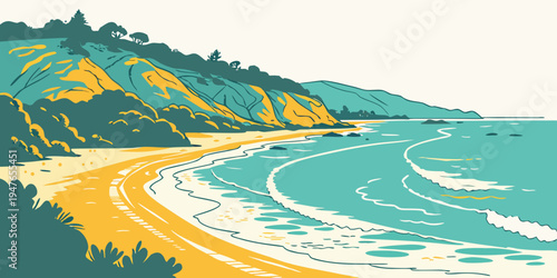 A scenic view of a beach with waves and a hill Vector
