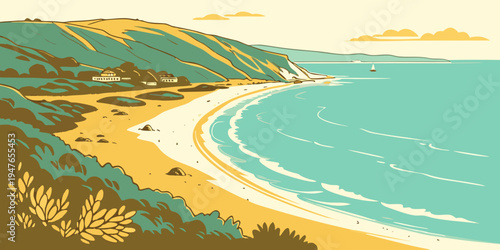 A beach with a sandy shore and blue water Vector